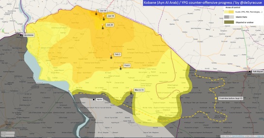 A map showing changes in territory between the beginning of the Islamic State's offensive on September 15 2014 and March 15 2015. 